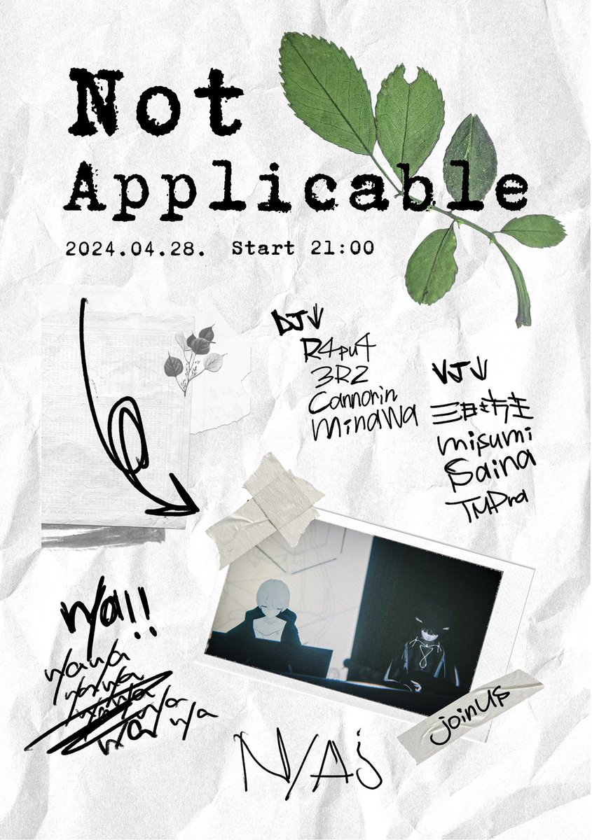 &lt;n/a&gt;vol.7 (Group+) 
2024/4/28(Sun) 21:00~

20:50 OPEN

21:00 <a href="/65R4pu47/">R4pu4</a> V <a href="/mikkabouzu777/">三日坊主✨</a>
22:00 <a href="/3R2/">3R2</a> V <a href="/karasimemtai/">みすみ</a>
23:00 <a href="/cannorin3/">𝚌𝚊𝚗𝚗𝚘𝚛𝚒𝚗</a> V <a href="/SainaKey/">Saina(さいな)</a>
24:00 <a href="/minawa123/">minawa</a> V <a href="/7MPra/">TMPら</a>

JOINは各演者もしくは下記グループへ↓
vrc.group/NAVR.5639

#NotApplicable_VR