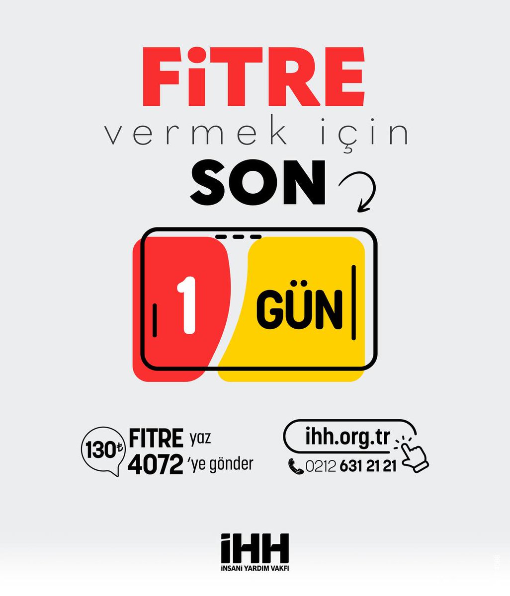 📌 Fitre vermek için son 1 gün. 📨 FITRE yazıp 4072’ye SMS göndererek 130 TL ile kolayca bağış yapabilirsiniz. 👉 Online bağış: ihh.org.tr/bagis/fitre İnsan Hak ve Hürriyetleri ve İnsani Yardım Vakfı TR66 0001 0004 8802 1249 9450 07 Açıklama: Fitre