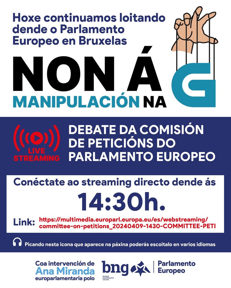 ‼️A manipulación na TVG, por fin, debátese hoxe no #ParlamentoEuropeo onde comparecen representantes do Comité de empresa da CRTVG como denunciantes ⤵️