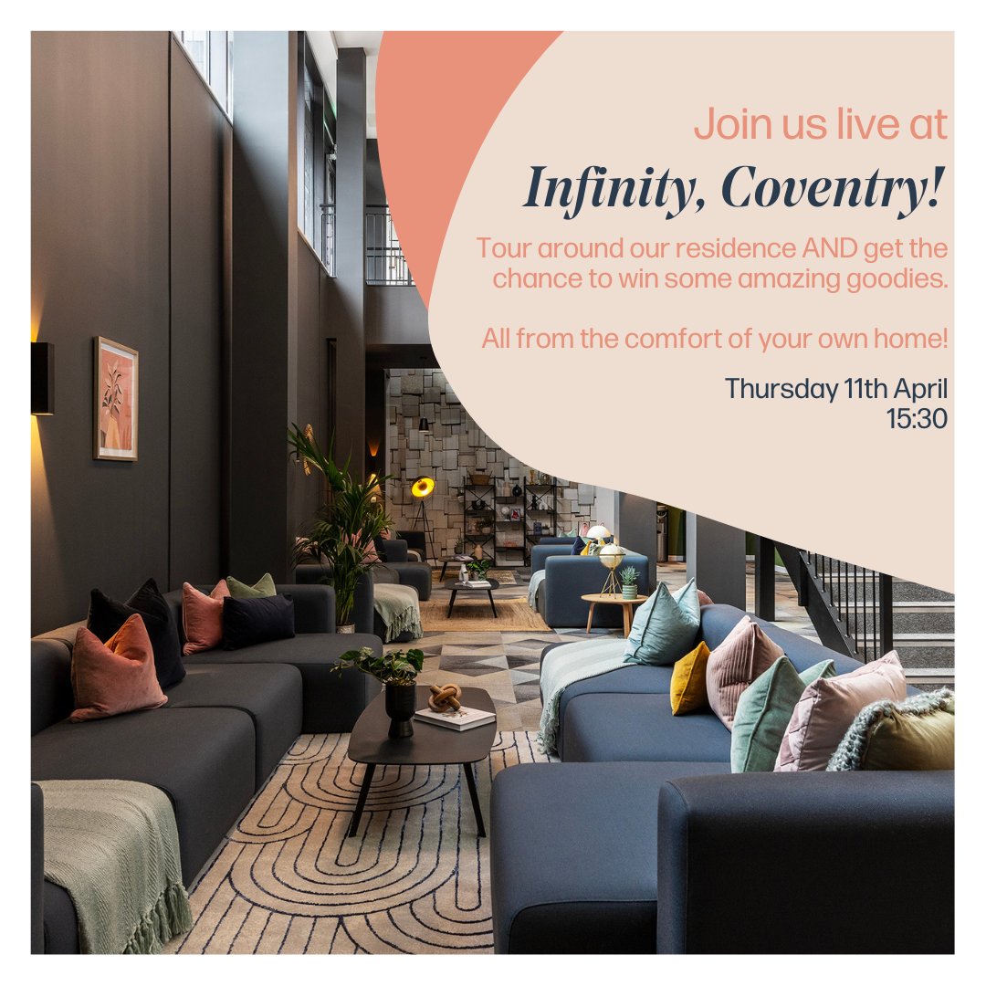 Join us on Thursday 11th April at 15:30 for an exclusive tour of our accommodation 🏠  Tune in to our Instagram Live and we'll show you what makes Infinity the best home for students of Coventry and Warwick!

#Novel #StudentAccommodation #LiveEvent  #WarwickUni #CovUni