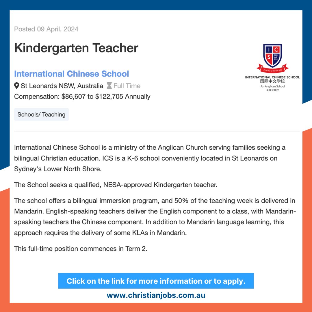 FEATURED JOB
For further information, click here: ow.ly/vxi550Rb5Et

#ChristianjobsAustralia #ChristianJobsAU #ChristianCareers #AussieChristians #ChristiansAustralia #ChurchJobsAustralia #SchoolJobs #TeachingJobs #KindergartenTeacher #Teachers #NSWJobs
