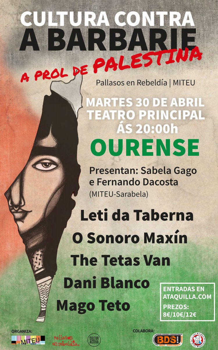 Ourense celebra a gala 'Cultura contra a barbarie aprol de Palestina' o vindeiro 30 de abril no #teatroprincipalou 👉Martes, 30 de abril, ás 20:00h 📌 Teatro Principal, Ourense 🎟️ Entradas solidarias de 8€, 10€ e 12€ - disponibles en entradas.ataquilla.com/ventaentradas/…