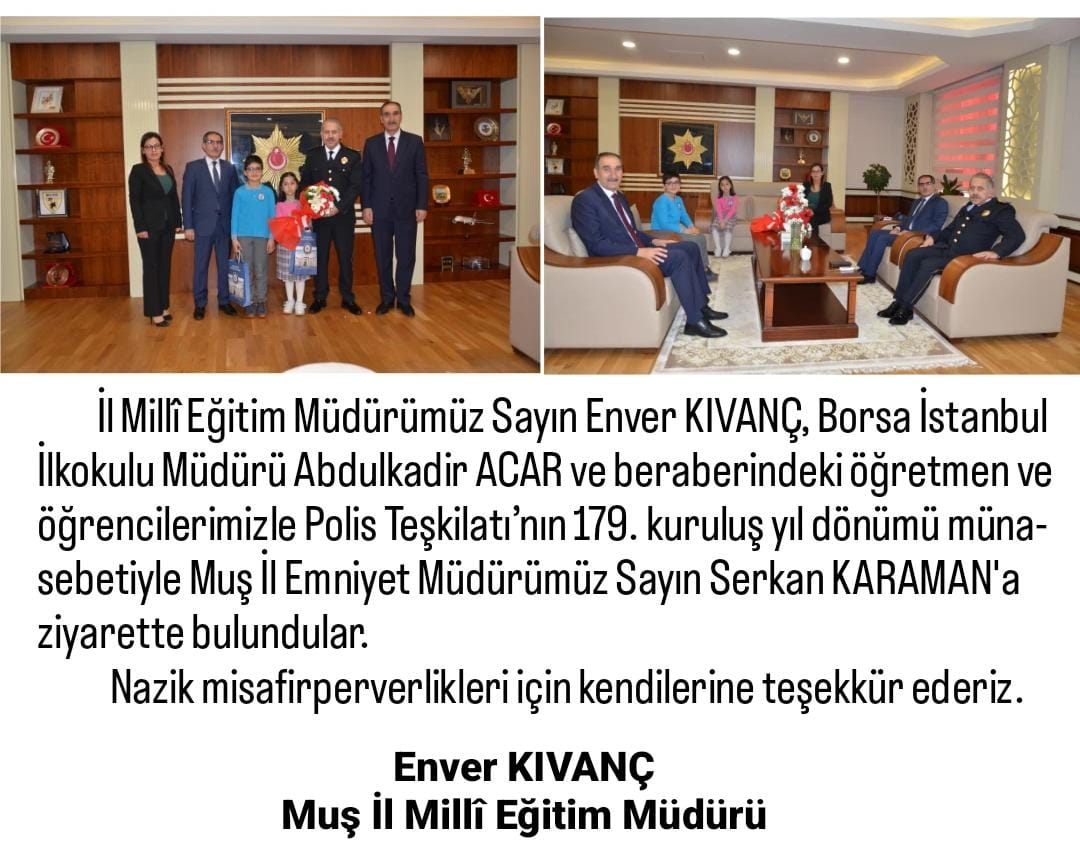 İl Millî Eğitim Müdürümüz Sayın Enver KIVANÇ ve beraberindeki heyet, Muş İl Emniyet Müdürümüz Sayın Serkan KARAMAN'a ziyarette bulundular. @tcmeb @Yusuf__Tekin @TCMusValiligi @Valiavnicakir @mebyegitek @cftcblnt @BatuhanAlpboga @MusEmniyet @EnverkV