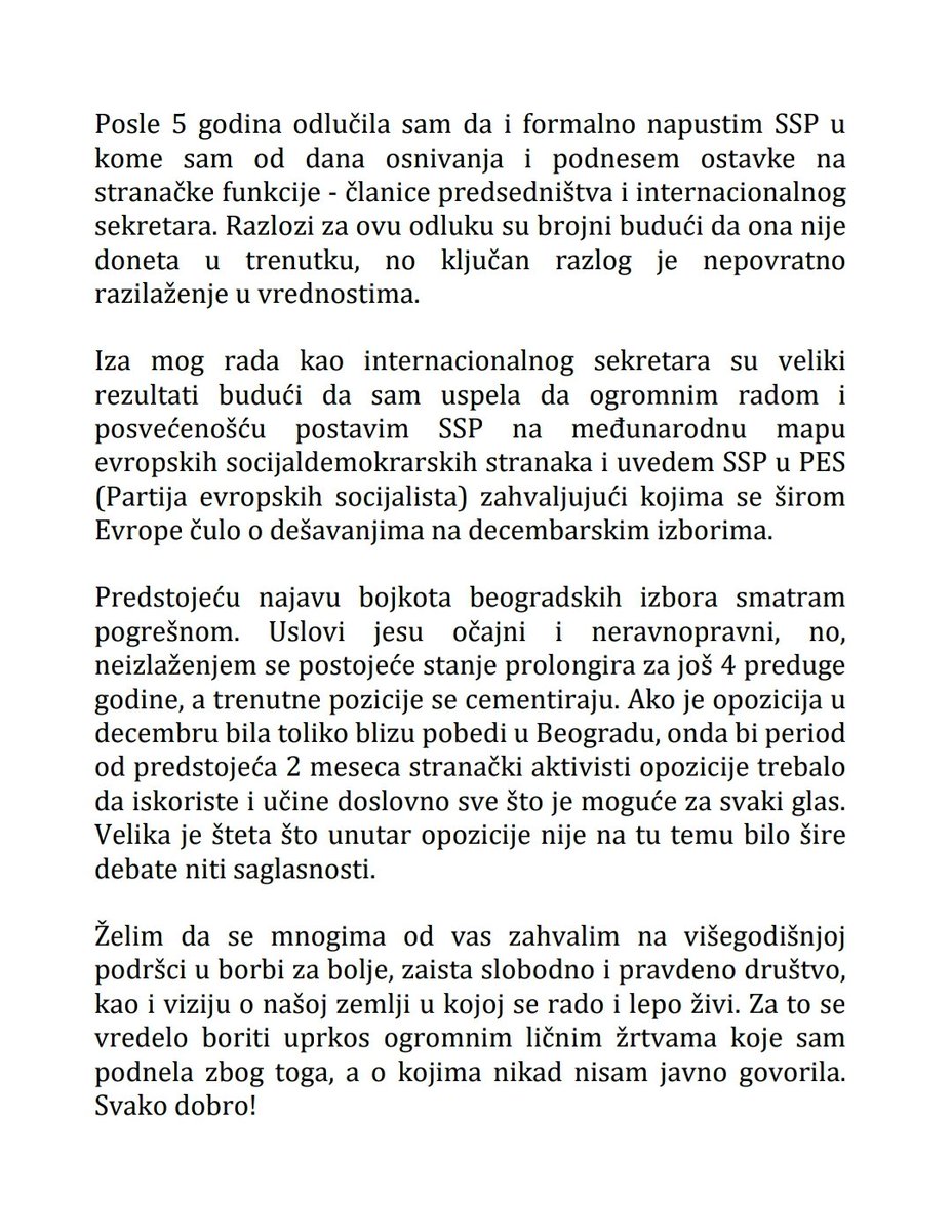 StevanovicAna7's tweet photo. ‼️Posle 5 godina odlučila sam da i formalno napustim @SlobodaIPravda u kome sam od dana osnivanja i podnesem ostavke na stranačke funkcije - članice predsedništva i internacionalnog sekretara. 
1/3 https://t.co/PI4Vdyi8AW