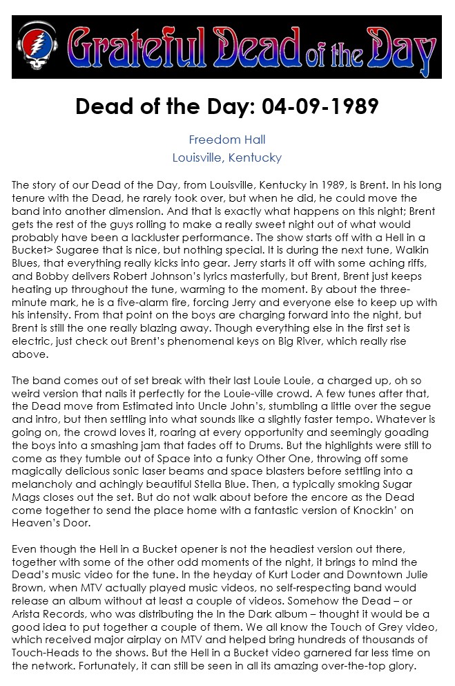 #UpNext on GDRADIO.NET
(at around 5:15pm eastern / 2:15pm pacific)
★ 1989-04-09 at the Freedom Hall in Louisville, KY ★
#OTD #DeadOTD #DeadHeads #GratefulDead #gratefuldeadmusic
(content courtesy of gratefuldeadoftheday.com)