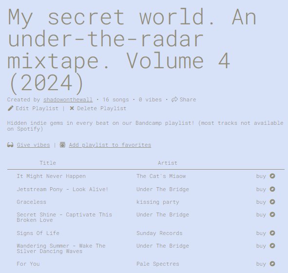 My Secret World - Volume 4. Our latest #playlist. Hidden indie gems in every beat! Link: bndcmpr.co/6acc3474 Featuring @worldofechoshop @jetstream_pony @kissingparty @SecretShineUK @IndiepopSunday @SkepWax @theproctorspop and more #indiepop #shoegaze #dreampop #c86 #tweepop