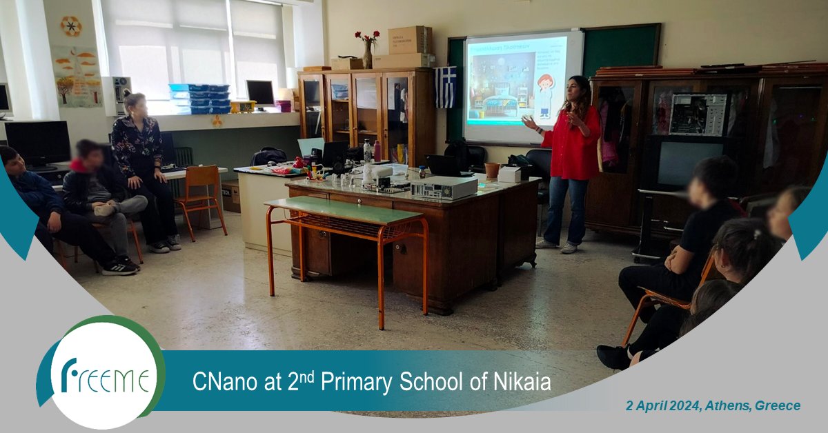 💫Inspiring young minds! 🌍@CreativeNanoGR introduces nanotechnology and sustainable #PlatingonPlastics within the @FreeMeProjectEU at the 2nd Primary School of Nikaia in Athens, Greece. 🚀🍃Educating future scientists for a sustainable world! #HorizonEurope #Sustainability