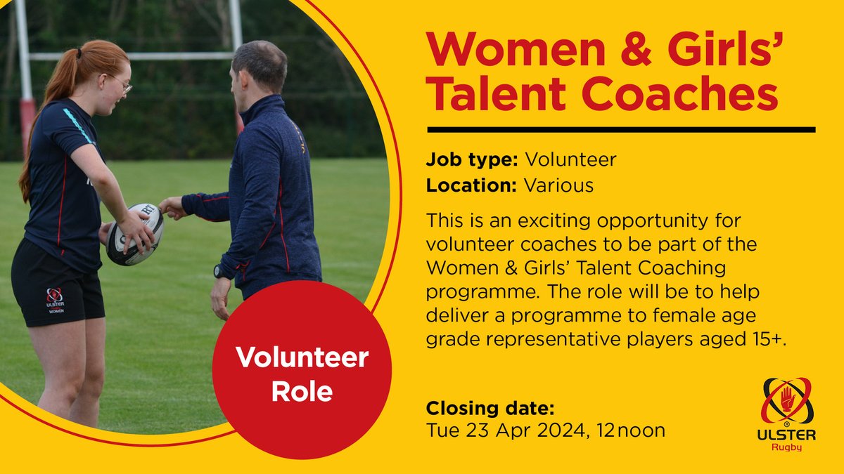 🚨 We're Hiring! 🚨 We are looking for Women & Girls' Talent Coaches to help build and nurture the developing players within the Women & Girls rugby game in Ulster. Apply here 👉 shorturl.at/amBPX