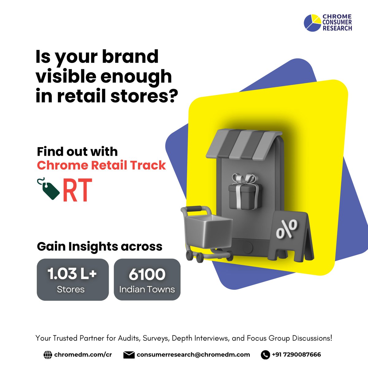 See if your brand is standing out or not with Chrome Retail Track.

📌 For more info, let’s connect - forms.gle/iYtswjmSBb28mJ…
_
#ChromeConsumerResearch , #research , #ChromeRetailTrack , #Retail , #retailindustry , #ChromeDM , #branding , #BRAND