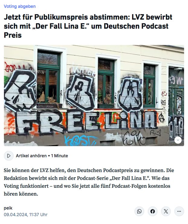 Ihr könnt helfen, dass im #AntifaOst -Verfahren nicht die LVZ einen Preis gewinnt🙂 #FreeLina #WirSindAlleLinx

-> deutscher-podcastpreis.de/audience-award…