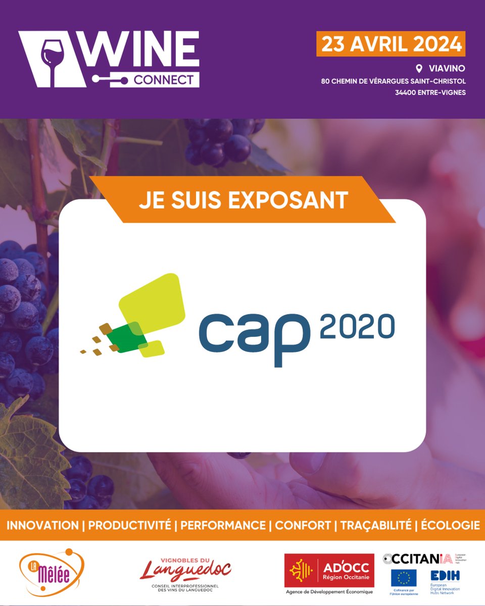 RDV au Wine Connect le 23 avril prochain à Entre-Vignes (34) où Cap 2020 sera exposant pour y présenter ses solutions pour la maitrise des risques agroclimatiques et ceux liés aux insectes ravageurs des cultures !
#metIS #CapTrap #agtech #winetech