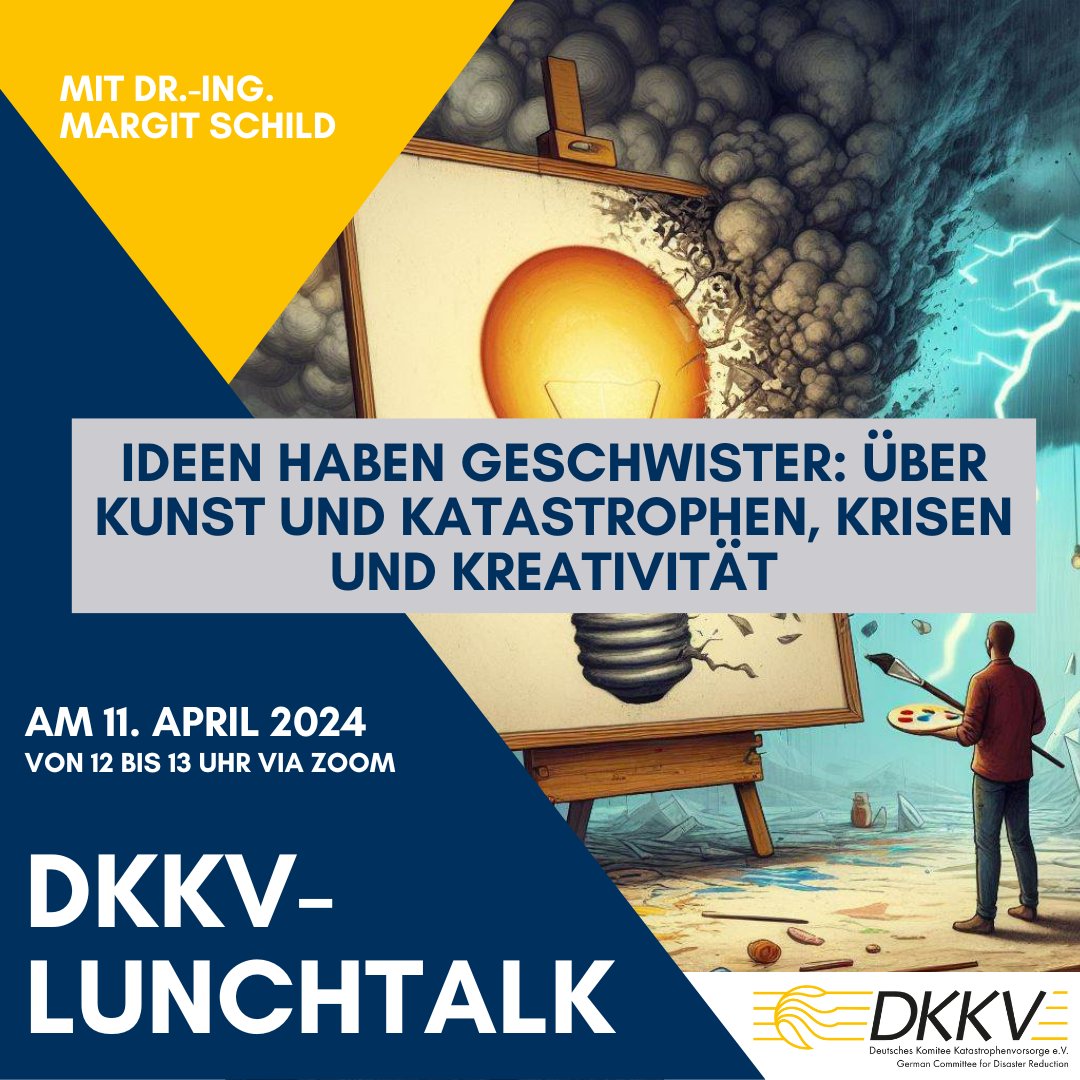 #DKKV - LunchTalk: Kunst und Katastrophen🎙️ Am Donnerstag 📅11. April findet unser Lunchtalk - Ideen haben Geschwister: über #kunst und Katastrophen, Krisen und Kreativität - zusammen mit Dr.-Ing. Margit Schild statt! Jetzt anmelden👉us02web.zoom.us/meeting/regist…