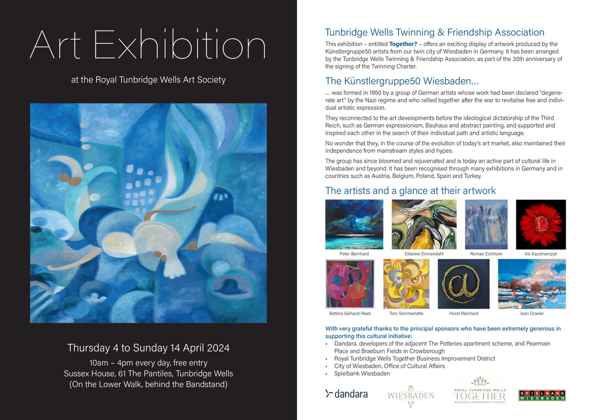 You still have time to visit the "Together" art exhibition on the Lower Pantiles, Tunbridge Wells. It finishes 14th April 2024. Open 10am - 4pm every day. Free to enter. Take a look at the work from our fellow artists from Wiesbaden, Germany. #artexhibition #TunbridgeWells