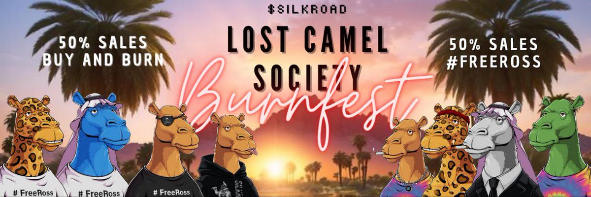 For now until 4/20, profit from 50% of our #LostCamelSociety NFT sales will go directly to buying and burning Silkroad, & as always, 50% to Free Ross.

Totals:

12.47 $SOL donated to @RealRossU since March 28th

6,302,413.23 $SILK bought back & burnt since April 6th