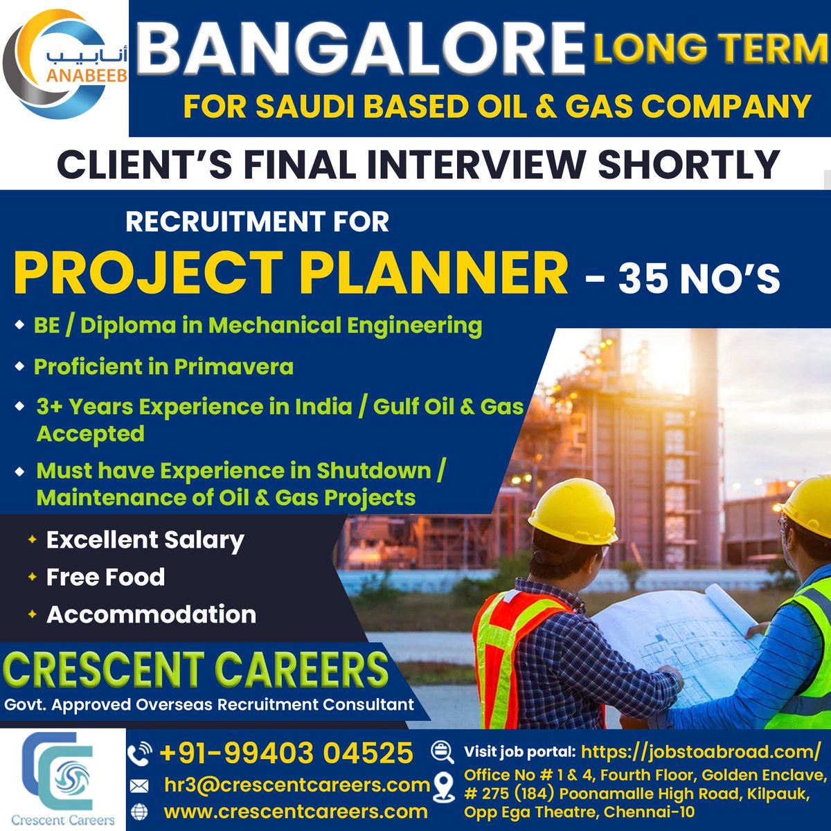 PROJECT PLANNER
For Saudi Based Oil & Gas Company - Location Bangalore
Long Term
FINAL CLIENT'S INTERVIEW SHORTLY 
Send your CV to: hr3@crescentcareers.com
Contact: +91-99403 04525
#projectplanner #bangalore #uaejobs #saudiarabia #oilandgas