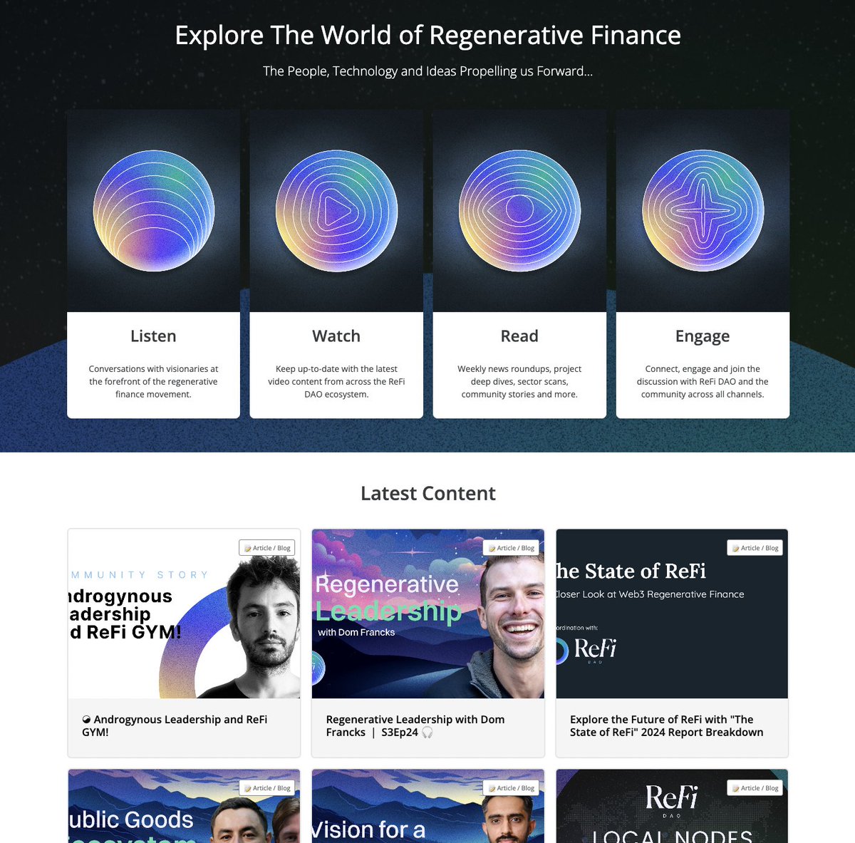 <a href="/Paul_Glavin/">paul 🟢</a> #19. <a href="/ReFiDAOist/">ReFi DAO 🪩</a> = the home of the regenerative finance ecosystem.

Through media, events, and working groups, they show the power of mission-driven communities, distributed tech, and regenerative economics.

Listen, watch, read, &amp; engage w ReFiDAO here → refidao.com/media