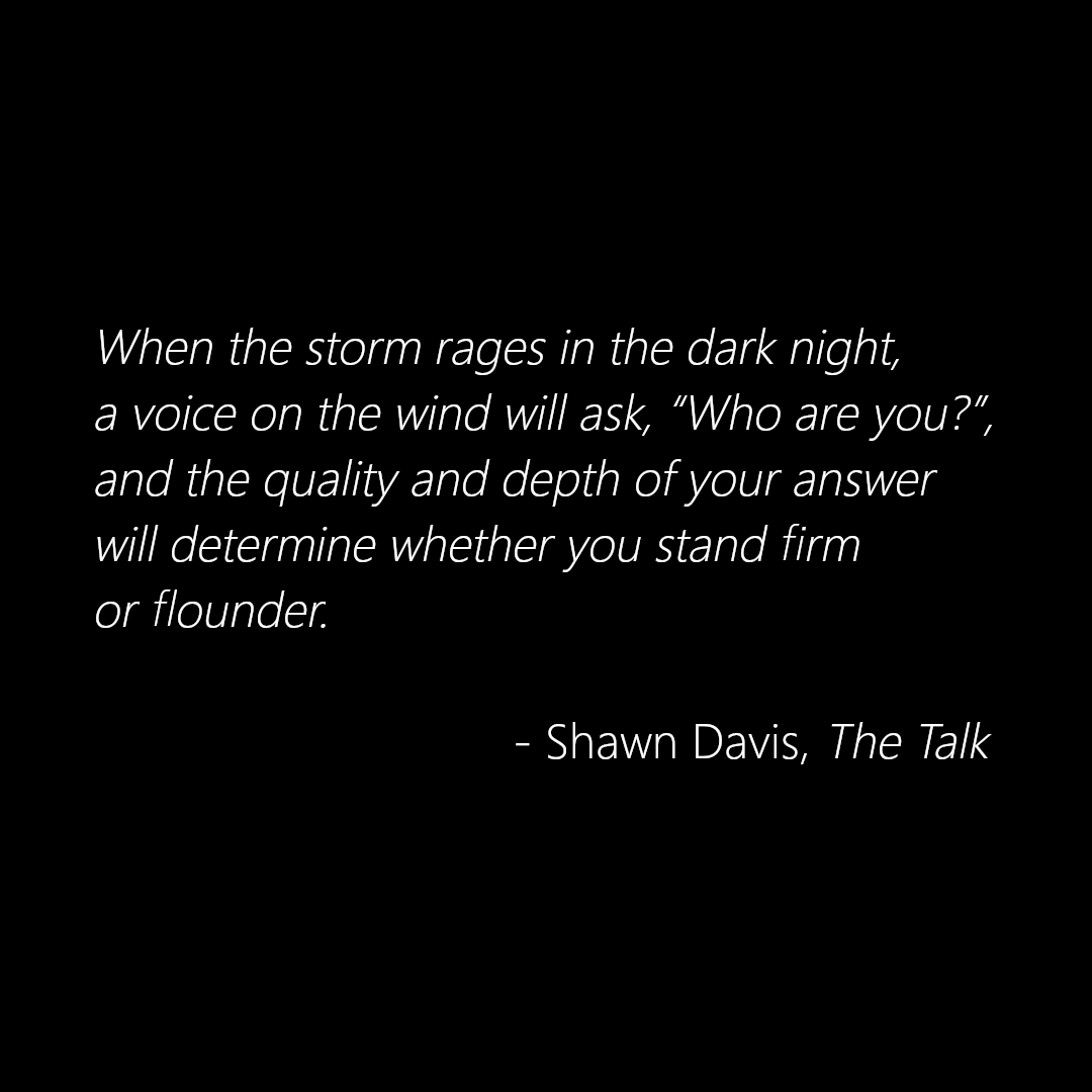 ShawnDavisReal1's tweet photo. When the storm rages in the dark night, a voice on the wind will ask, “Who are you?”, and the quality and depth of your answer will determine whether you stand firm or flounder. -Shawn Davis, The Talk

https://t.co/KrZxgtjrta https://t.co/yTKLCoVO1z