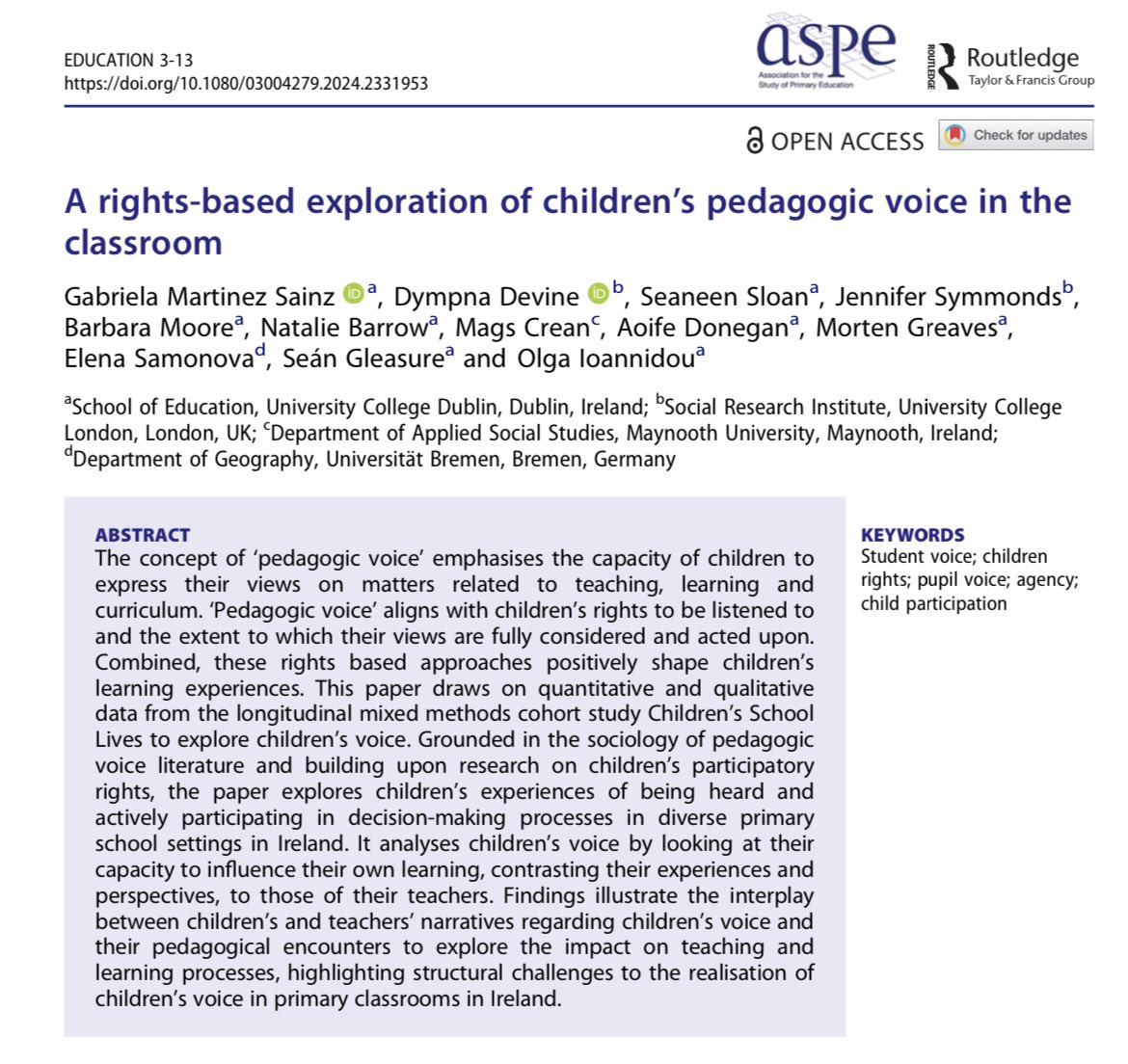 🚨 New #CSLstudy paper published in Education @gmsainz and colleagues draw on CSL data to illustrate a rights-based exploration of children’s pedagogic voice in the classroom. doi.org/10.1080/030042… @NCCAie @SchoolofEdUCD #edchatie