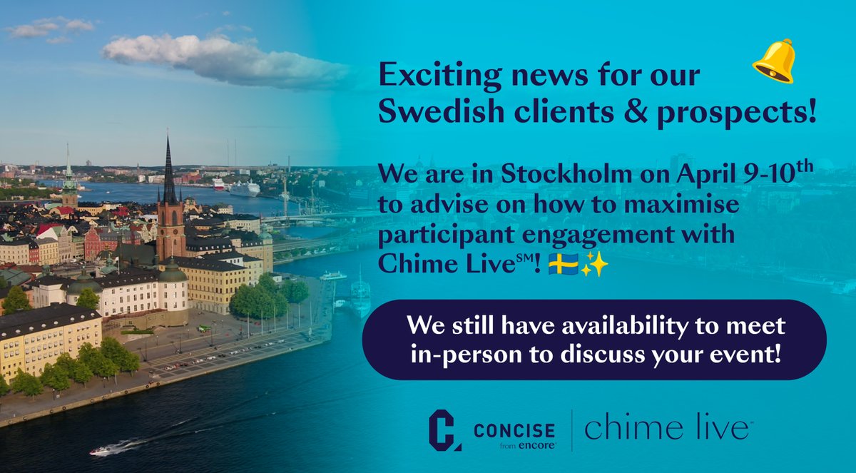 Concise (@concisegroup) on Twitter photo We're in Stockholm advising event organizers on how to maximize participant engagement.
If your current event platform provider isn't driving the results you need, reach out to us to book your meeting:
cormac.mcnally@concisegroup.com
Learn more: bit.ly/3vDKAua We're in Stockholm advising event organizers on how to maximize participant engagement.
If your current event platform provider isn't driving the results you need, reach out to us to book your meeting:
cormac.mcnally@concisegroup.com
Learn more: bit.ly/3vDKAua