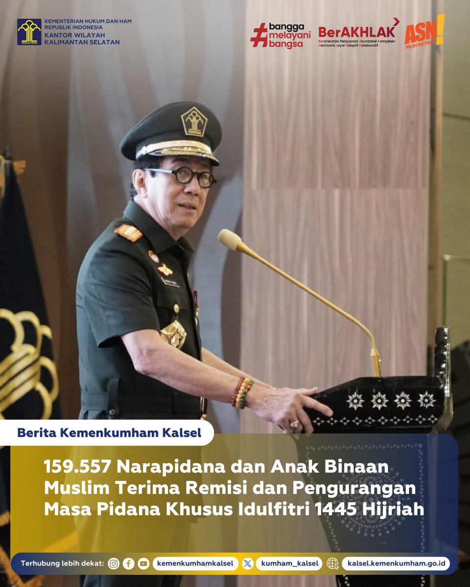 159.557 Narapidana dan Anak Binaan Muslim Terima Remisi dan Pengurangan Masa Pidana Khusus Idulfitri 1445 Hijriah

Selengkapnya di kalsel.kemenkumham.go.id/berita-kanwil/…

#KanwilKemenkumhamKalsel
#KumhamKalsel
#Taufiqurrakhman
Kanwil Kemenkumham Kalsel
Kumham Kalsel
Taufiqurrakhman