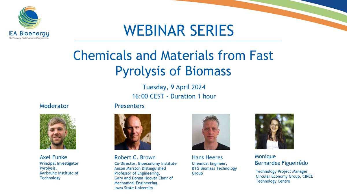 ⏰ Happening in a few hours: free webinar - 'Chemicals and Materials from Fast Pyrolysis of Biomass' - organised by IEA Bioenergy Task 34 (Direct Thermochemical Liquefaction). 👉This webinar will present different approaches at varying stages of development to showcase emerging
