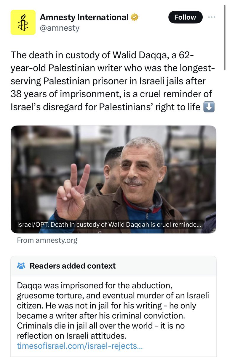 Amnesty International rewriting the history of a man who kidnapped, tortured and killed an Israeli and making him sound like a peaceful political prisoner. Orwell would be proud. Part of educating myself after October 7th has been coming to understand a lot of institutions I