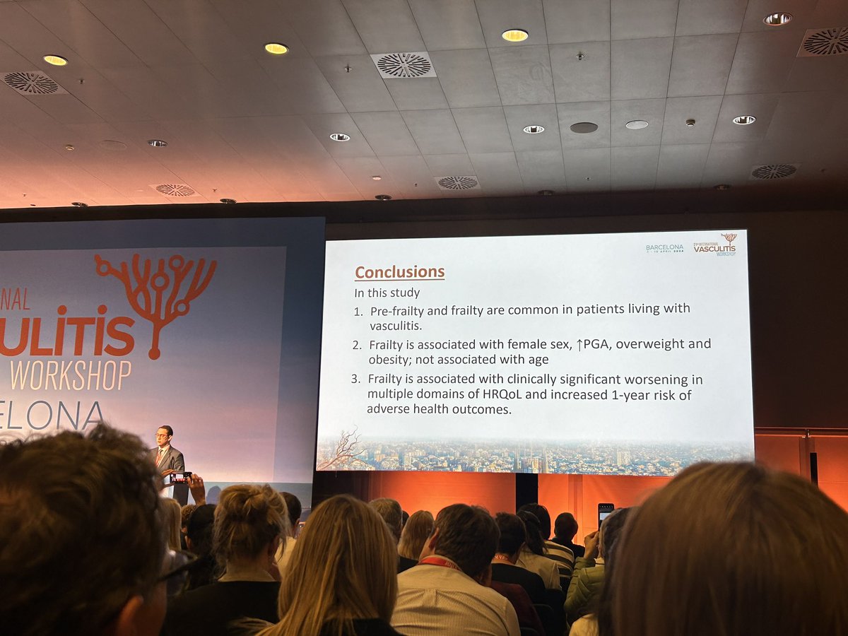 Fantastic talk @SattuiSEMD highlighting the importance of assessing frailty in patients with vasculitis and it’s association with PROs and disease outcomes! @VasculitisBCN24 #gerirheum @UnaMakris @JihaRheum @MisraDevyani