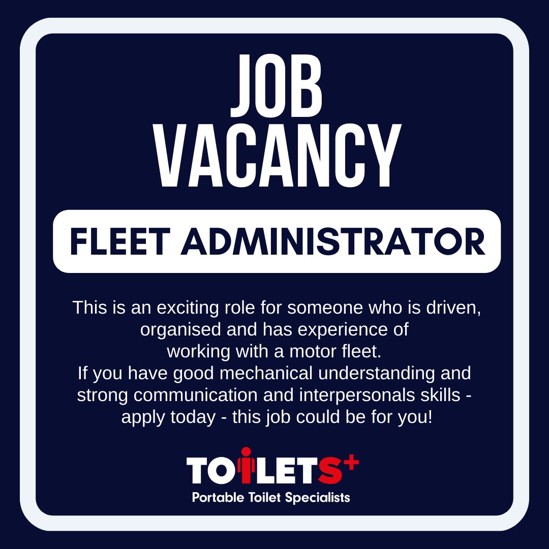 JOB  OPPORTUNITY! We are looking for a Fleet Administrator to join our team at Head Office in Wymondham - Click on the link for more info and how to apply:
uk.indeed.com/cmp/Toilets-Pl…

#ToiletsPlus #JobVacancy #NewJob #FleetAdmin #AdminJob #NorfolkJob #WymondhamJob