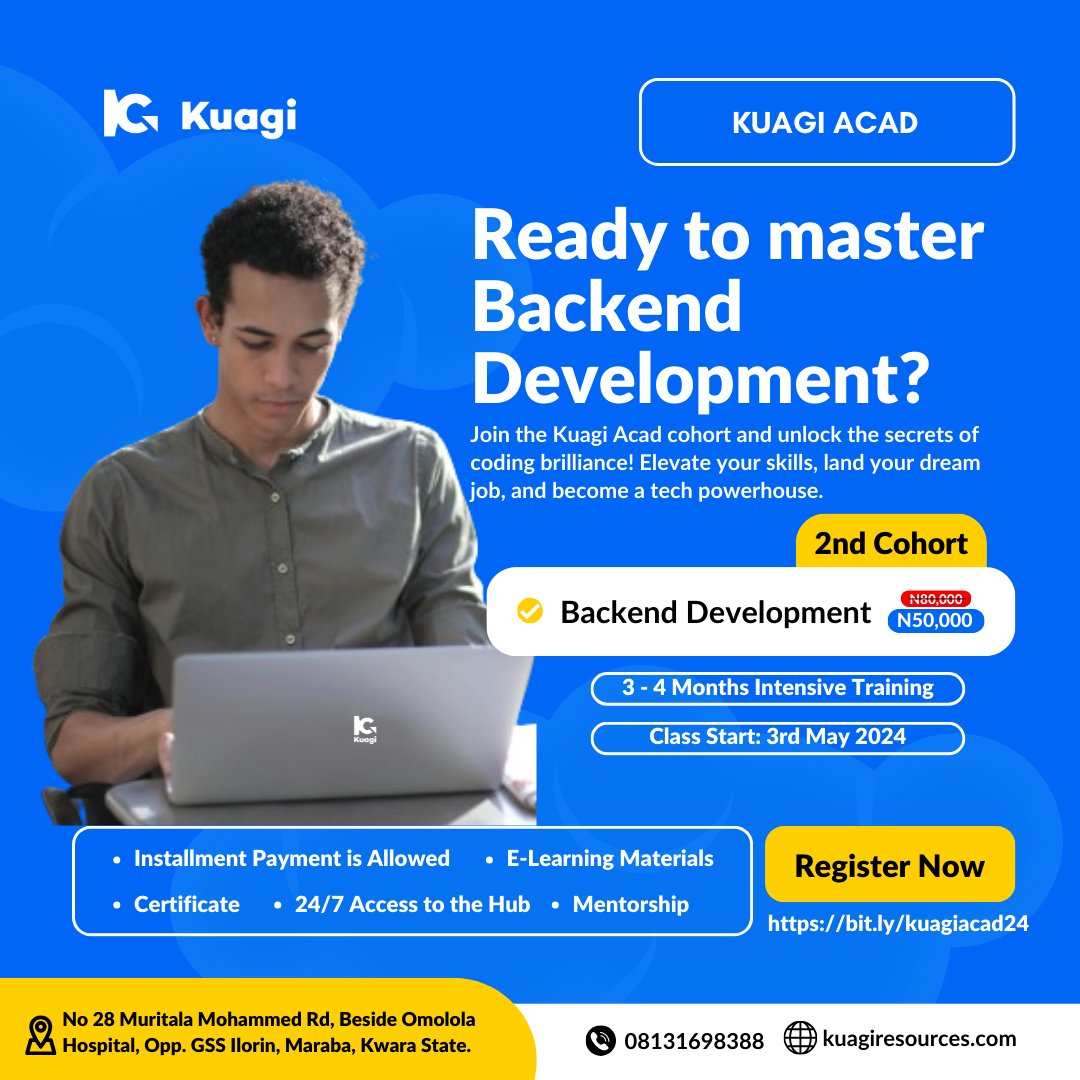 Backend web development is the mighty force that the digital world rests upon. At Kuagi ACAD, you'll learn the following: •Frontend dev basics •SQL •JAVASCRIPT (Nodejs) •Hosting •PHP •Python Join us today at Kuagi ACAD To Enroll, Register here: bit.ly/kuagiacad24