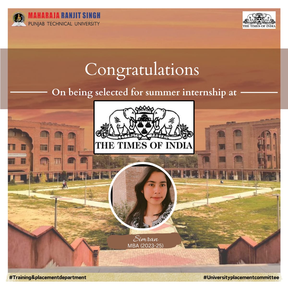 Big #Congratulations to our student of #MBA at Maharaja Ranjit Singh Punjab Technical University Bathinda, on being selected for summer internship at The Times Of India.

#letsgrowwithmrsptu #internshipgoals #upc #careerskills #skillup #internshipjourney