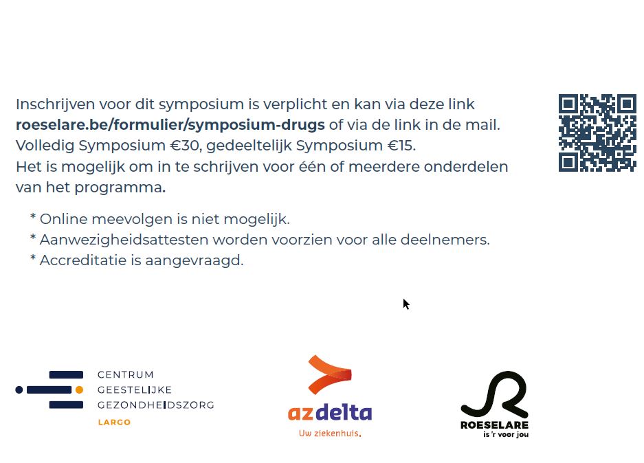 📅 Symposium Drugs - 21 mei in RADar <a href="/az_delta/">AZ Delta</a> 

Een programma over beleid, preventie en hulpverlening voor en door professionals uit het veld, met oa <a href="/CharlotteColman/">Charlotte Colman 💣 😭</a> , <a href="/forlegmed/">Lieven Wostyn</a> &amp; <a href="/MaartenDegreef/">Maarten Degreef</a>.

Een organisatie van <a href="/stadroeselare/">stadroeselare</a> , Labo Toxicologie <a href="/az_delta/">AZ Delta</a>  en CGG Largo