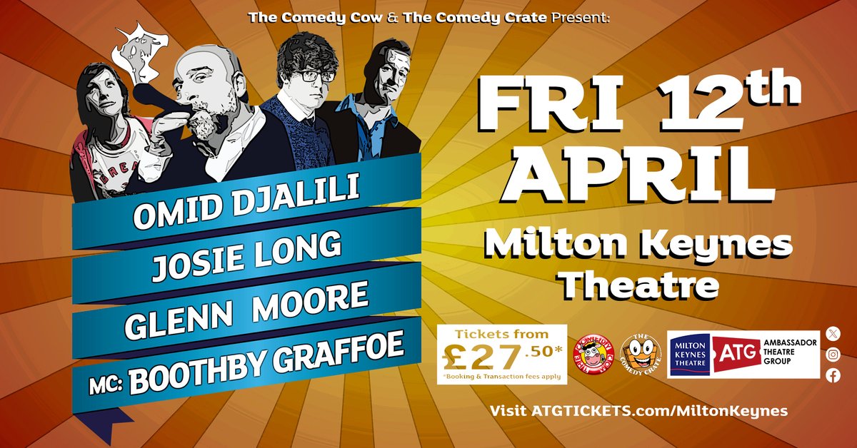 Our competition winner has now been announced for @thecomedycow Mega Show on Friday night BUT there are still tickets available...it's a stellar line up with Omid Djalili, Josie Long and Glenn Moore taking to the stage @MKTheatre 🎤🤣 Buy here: atgtickets.com/shows/comedy-m…