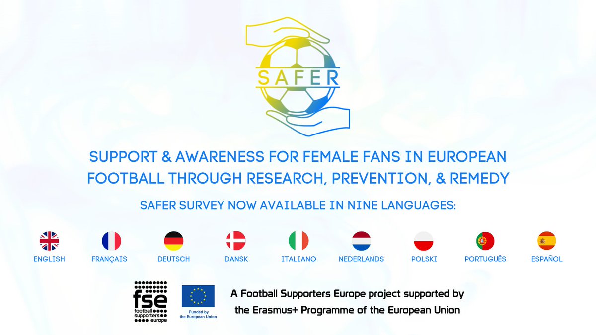 ⌛️ FSE's SAFER project survey will close soon on 12 April. It aims to understand more about gender-based violence in football. 🗣️ Responses from ALL fans are valued & will contribute to establishing preventive & remedial measures at attending matches. 🔗 bit.ly/45czvvH