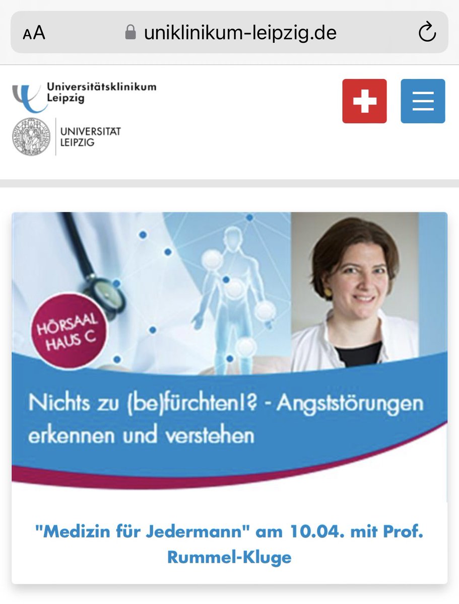 Prof. Christine Rummel-Kluge (@profcrk) on Twitter photo Ich freue mich auf meinen Vortrag morgen, 18.30 Uhr im Hörsaal C, Liebigstraße 21, <a href="/UKL_Leipzig/">Universitätsklinikum Leipzig</a> im Rahmen der Reihe „Medizin für Jedermann“. Morgen geht es um Angststörungen.
uniklinikum-leipzig.de/Seiten/mfj-ang… Ich freue mich auf meinen Vortrag morgen, 18.30 Uhr im Hörsaal C, Liebigstraße 21, <a href="/UKL_Leipzig/">Universitätsklinikum Leipzig</a> im Rahmen der Reihe „Medizin für Jedermann“. Morgen geht es um Angststörungen.
uniklinikum-leipzig.de/Seiten/mfj-ang…