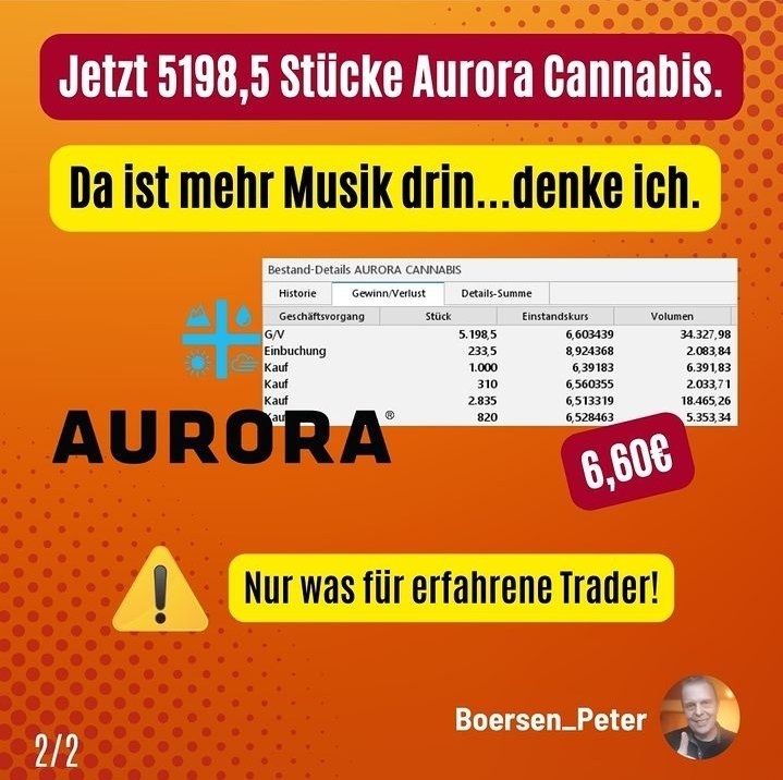 Hallo liebe #Börsenfreunde, ich habe gestern Abend mal #umgeschichtet, weil ich meine, dass bei #aurora mehr Musik drin ist... #MEGATRADE Kapitel 3: #canopygrowth und #tilray raus. Dafür #Auroracannabis gekauft. Jetzt 5198,5 Stücke im Wert von 34k€. ⚠️NICHT NACHMACHEN