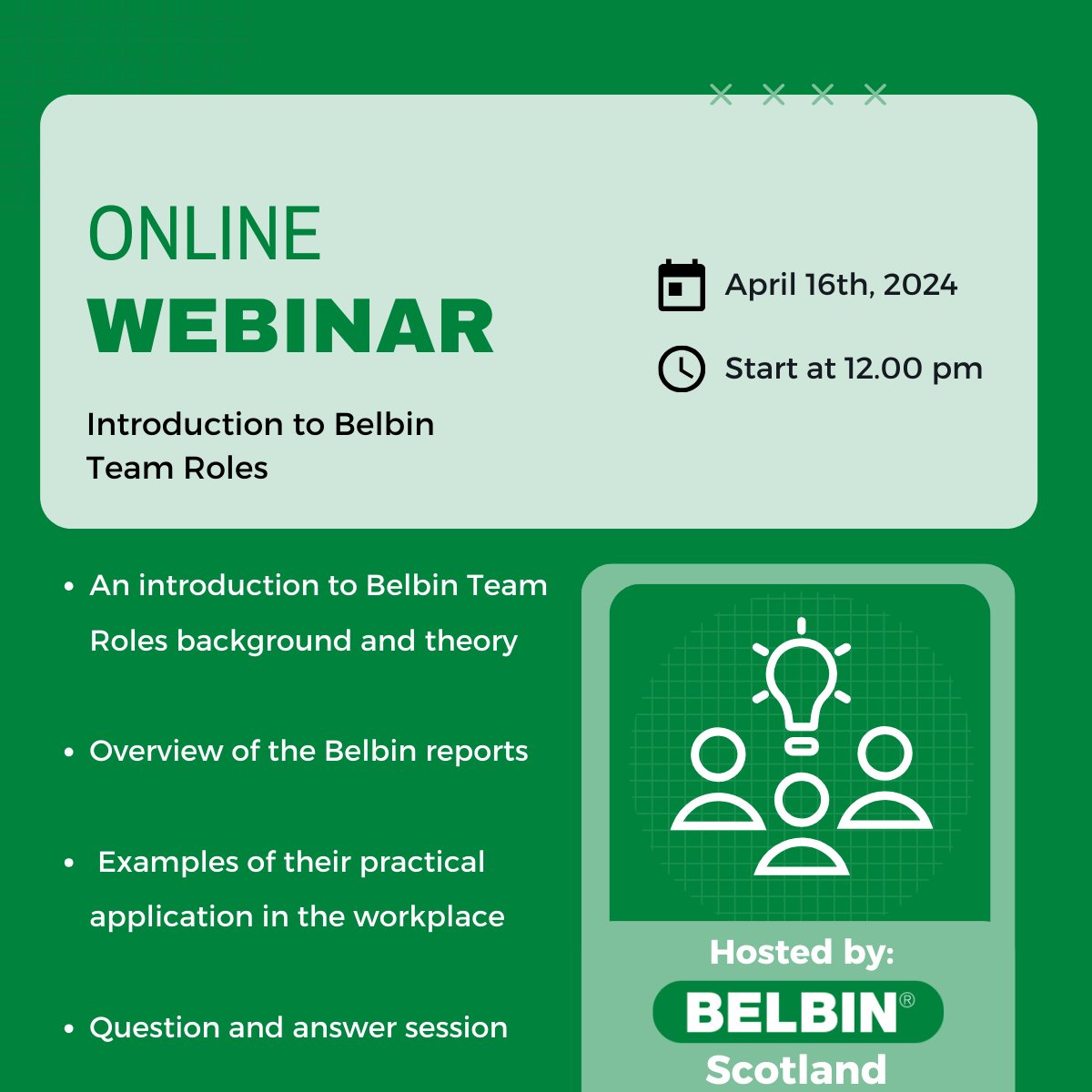 Heard of Belbin Team Roles but don't know how it could enhance your team?  Our free webinar next week provides the answers!

📅When?

Tues, April 16th 12:00-12:45 pm  💻Where?  On Teams

For more info: bit.ly/FreeBelbinWebi…

#FreeWebinar #TeamPerformance #TeamBuilding #Belbin