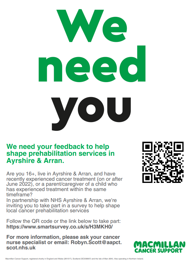 In partnership with @NHSaaa & @macmillancancer, we’re involved in the scoping & development of cancer prehabilitation across Ayrshire. If you are currently having or have had cancer treatment since June 2022, please complete the survey and help us to shape local services 🧡