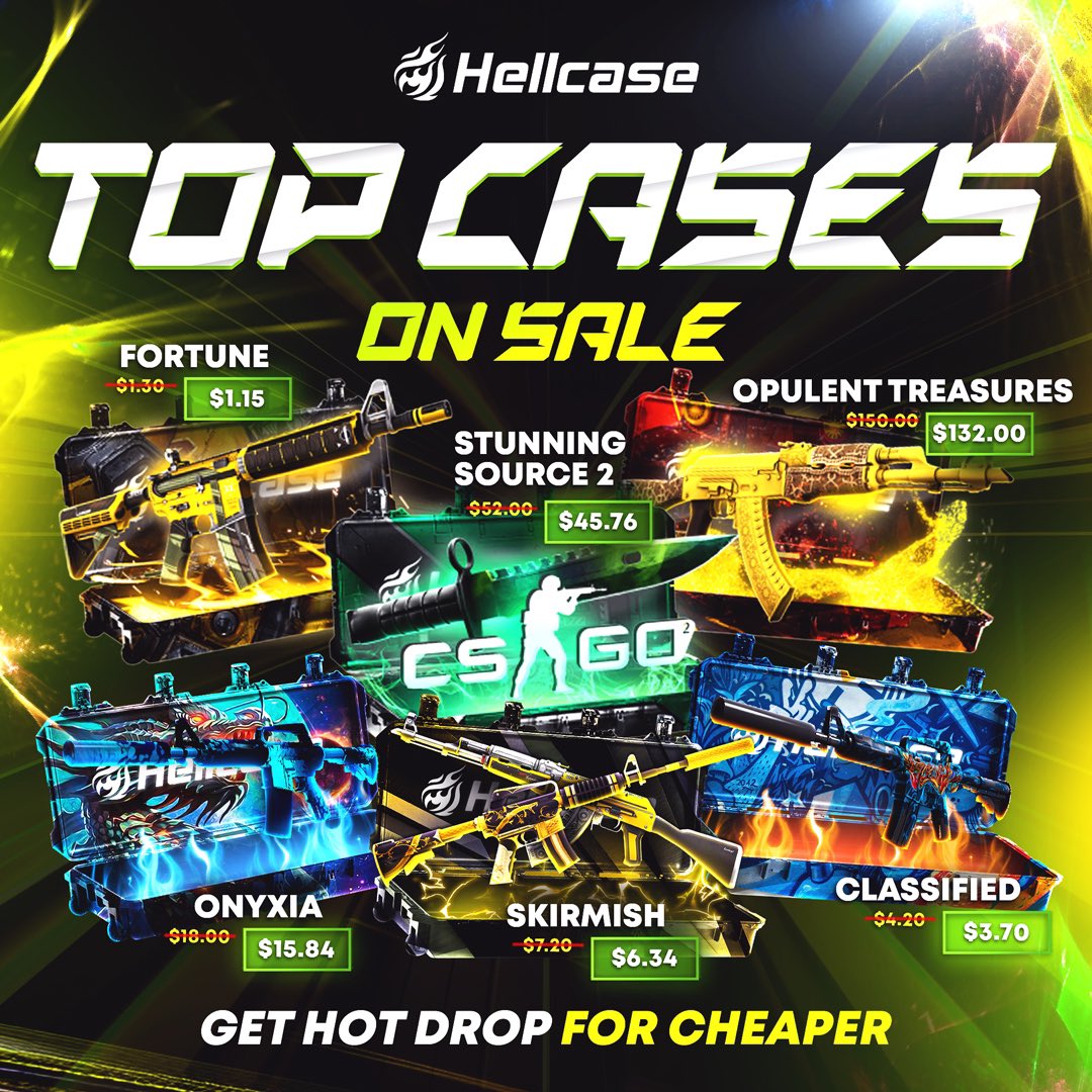 Please welcome the new selection of discounted cases! 6 top-seller cases are waiting for you to try them out: Fortune, Classified, Skirmish, Onyxia, Stunning Source 2, Opulent Treasures. Grab yours right now 🤩 The offer is time-limited - hellcase.com/#discounts
