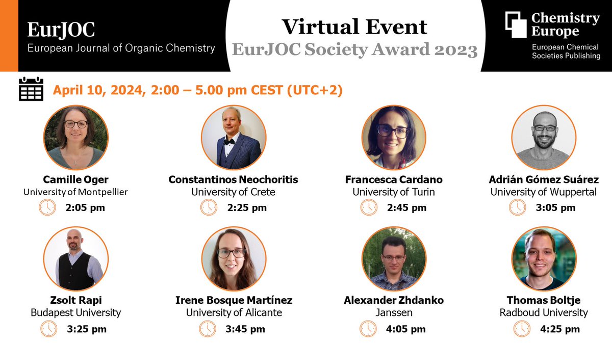 Tomorrow is THE day. The winners of the 2023 EurJOC-Society Award will present their research at this Virtual Symposium: Join us! ▪️Register here: register.gotowebinar.com/register/35149… ▪️Check out our Special Collection featuring their work: …mistry-europe.onlinelibrary.wiley.com/doi/toc/10.100…