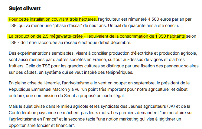 Vous vous demandez pourquoi l'électricité est de plus en plus cher ? 5 000 000 € /ha pour une installation de PV «ombrière» au dessus des cultures. fr.euronews.com/green/2022/10/… Ici , 15 000 000 € pour moins qu'une éolienne de 2,5MW puisque le PV ne produit jamais la nuit.