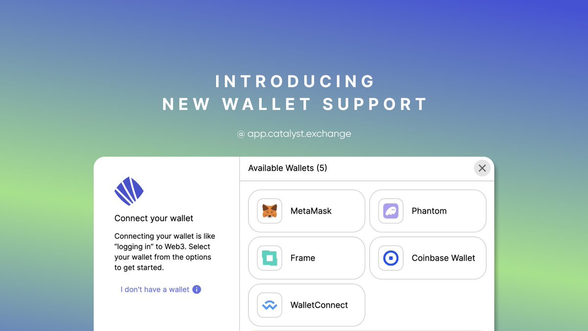 1/ We’re shipping weekly updates until Catalyst Mainnet 🫡 This week, Catalyst UI now supports: ✅ Coinbase Wallet ✅ Phantom ✅ Frame ✅ WalletConnect Tap “Connect” in the top right of the UI to see. DM the team on Discord if there’s more wallets that you’d like to see…