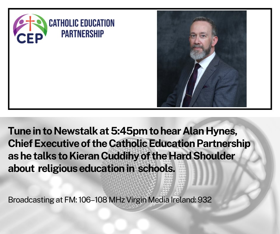 Tune in to @NewstalkFM at 5:45pm to hear @hynesalan, Chief Executive of the @CatholicEducIRL as he talks to @kierancuddihy of the @TheHardShoulder about Catholic education in schools. @CathEdService @CatholicPrimary @JMB_Secretariat