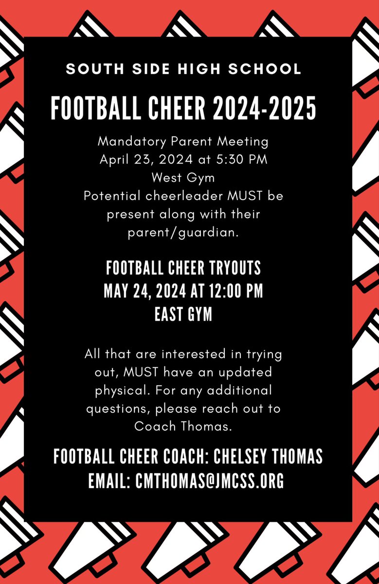 JmcssA's tweet photo. #SSHS Interested in being a cheerleader for the SSHS Football Cheer Squad? See the information below. 📣🦅🤍🖤❤️ 
#ItsAGreatDayToBeAHawk !!! @SSHSHawks https://t.co/1oHZ9hqOy1