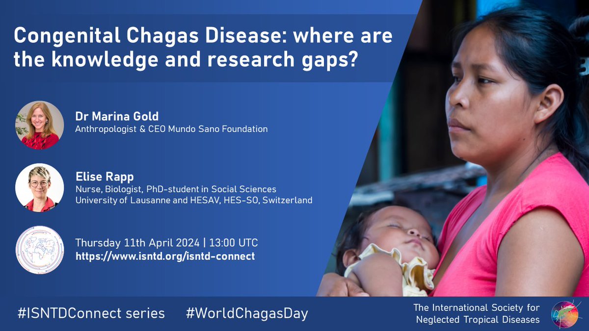 #WorldChagasDay 2024 is soon! We are delighted to mark this with Dr Marina Gold @MundoSano & Elise Rapp @HESAVLausanne discussing the gaps in knowledge & research of this understudied transmission route #ISNTDConnect #Chagas
👉Apr 11, 13:00 UTC
👉isntd.org/isntd-connect