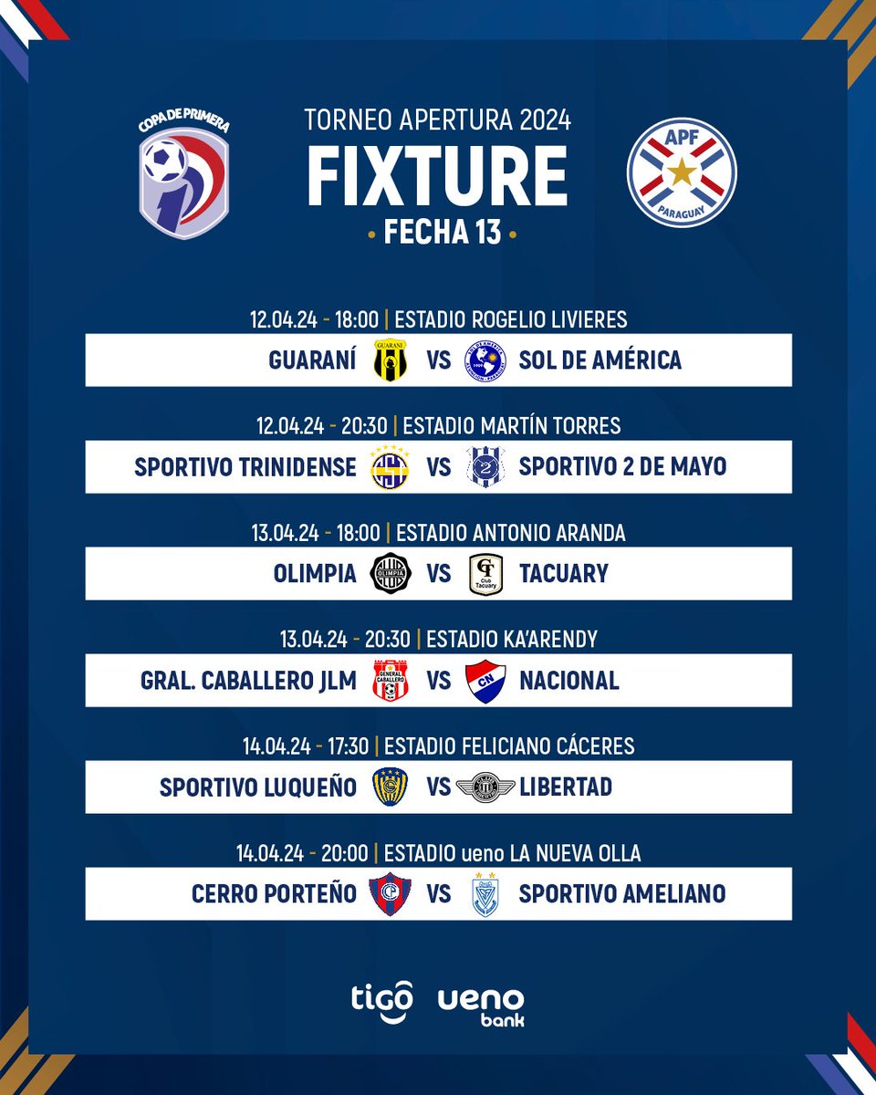 TORNEO APERTURA 

Calendario de partidos por la Fecha 13 #LaFutboleraPy 👑⚽️