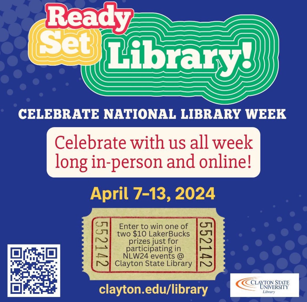 We’re ready! Are you? Find us today and tomorrow at the Presidential Plaza (across from the Dining Hall) to play some games or score a bargain at our Used Book Sale. The fun continues in Library room 216 for Retro Game Day! 
#ClaytonState #NationalLibraryWeek