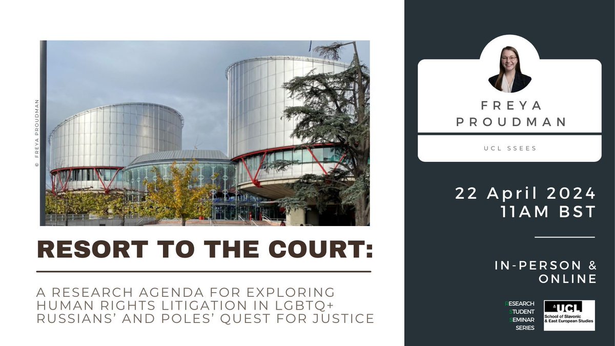 Please join us for this event with @freyaproudman, who will present her research proposal for contextualizing the understandings and interpretations that #LGBTQ+ Russians and Poles attach to justice when mobilizing at the ECtHR. 🗓️ 22 April at 11am ➡️ buff.ly/4aKl2ui