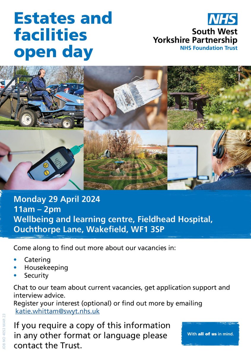 Looking for a new career in estates and facilities? Don't miss our recruitment open day at Fieldhead Hospital in Wakefield on Monday 29 April from 11am to 2pm. Save the date and come meet our team 🙌 #NHSJobs
