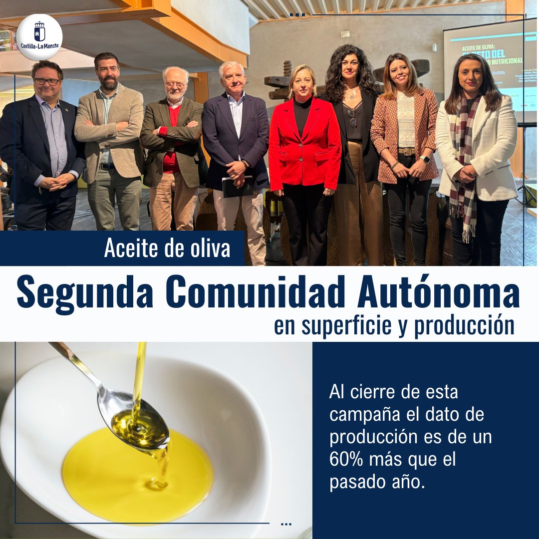 🫒 #CLM es la segunda comunidad autónoma en superficie y producción de aceite de oliva de España, y una de las más importantes a nivel europeo. 👉Al cierre de esta campaña el dato de producción es de 107.400 toneladas de aceite de oliva. ℹ castillalamancha.es/node/381426 #CLM