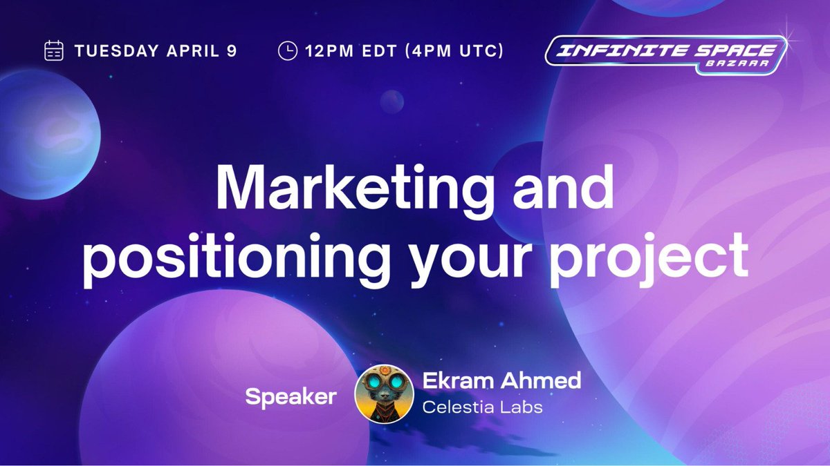 Set your project apart in the market! 🌟 Tune in to Marketing and Positioning Your Project, featuring Ekram Ahmed @ekrahm from Celestia Labs. @celestia_devs @CelestiaOrg ⏰Join us on April 9th at 12:00pm EDT at youtube.com/live/aIZAEgM4g…